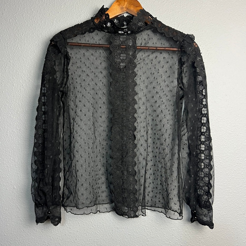NOTEBUK Black Lace Mock Neck Polka Dot‎ Sheer Grunge Whimsigoth EMO Top Size S